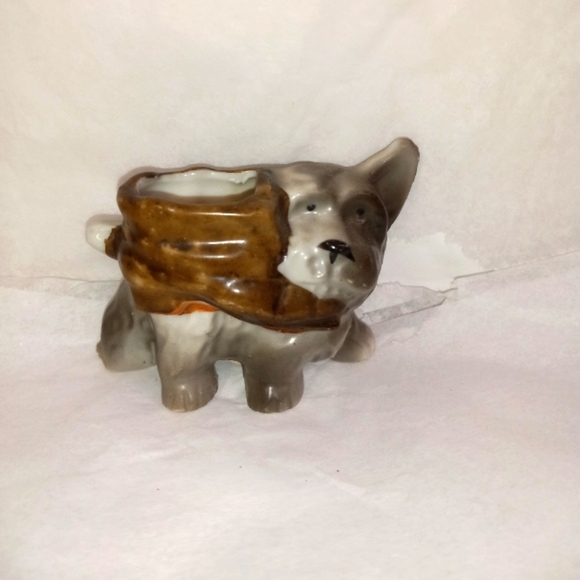 Japan Porcelian Ceramic Miniature Yorkie Dog w/Boot Toothpick Holder Gray &Brown - Picture 1 of 6